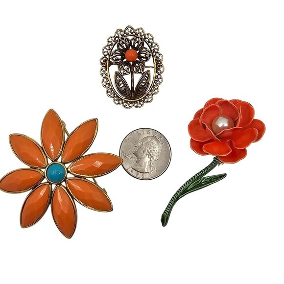 VTG 3PC Brooch Lot Fairycore Orange Gold Tone Whimsy Feminine Charming Boho Pins - Picture 3 of 13